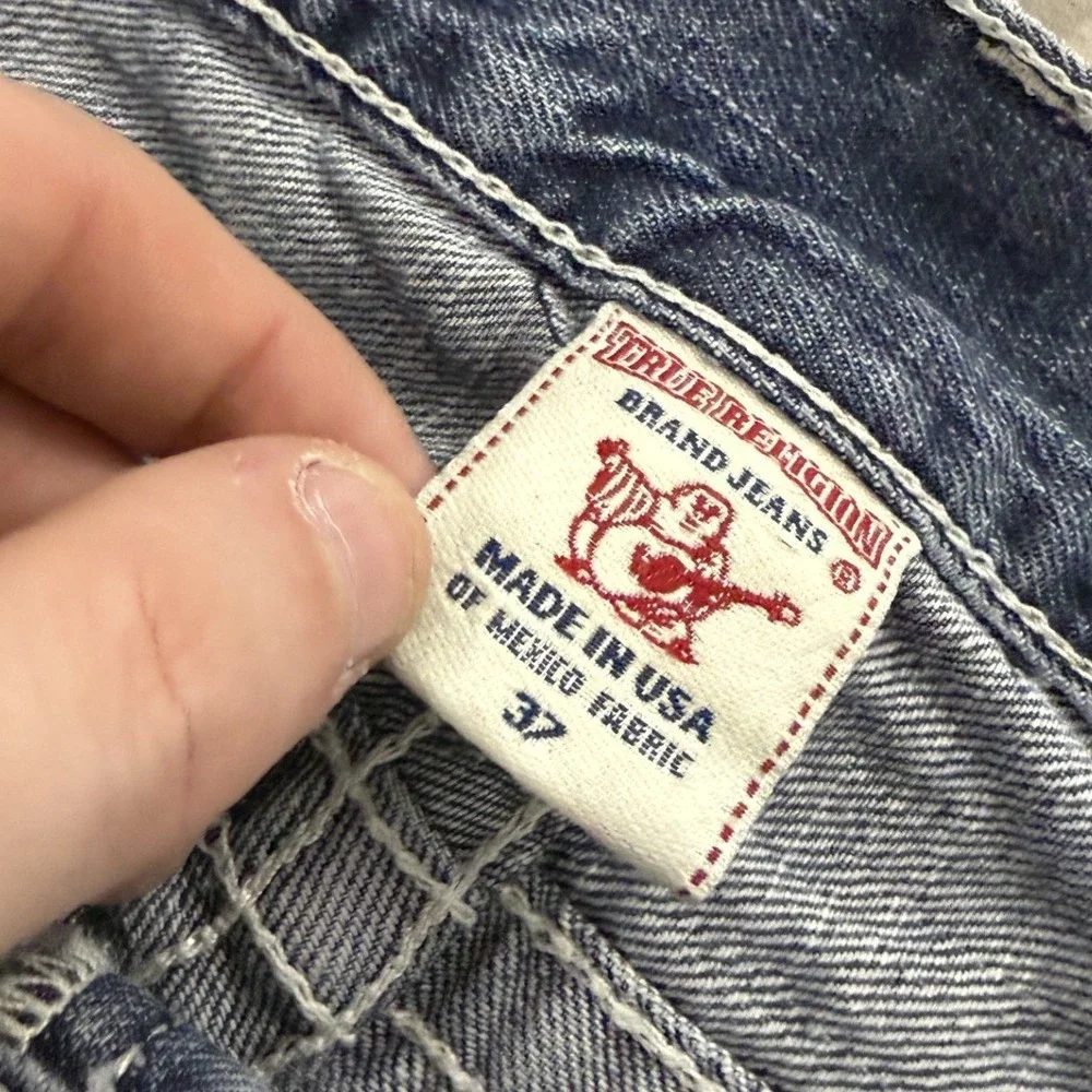 True Religion Billy Jeans Men 37 Blue Fair Distressed Bootcut Thick Stitch USA